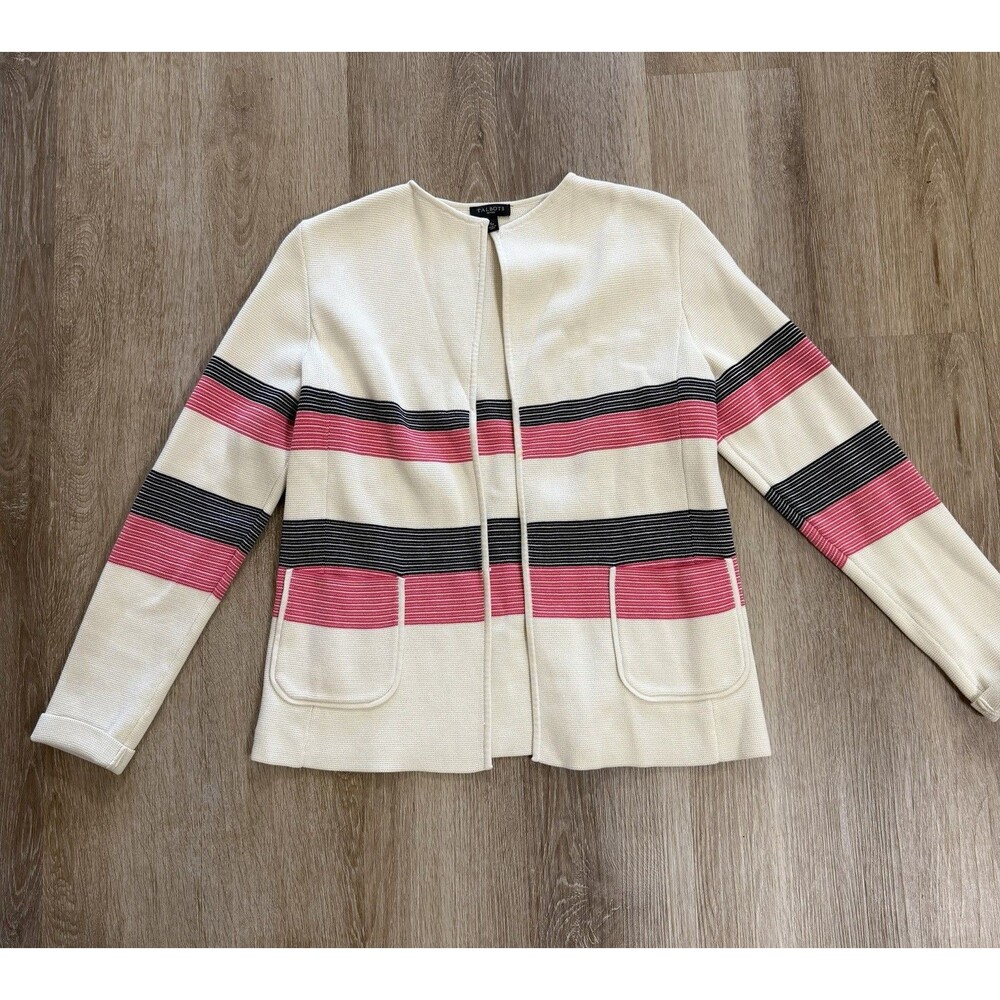 Talbots White Navy/Pink Stripped Open Front Knit Sweater Blazer Petites Small